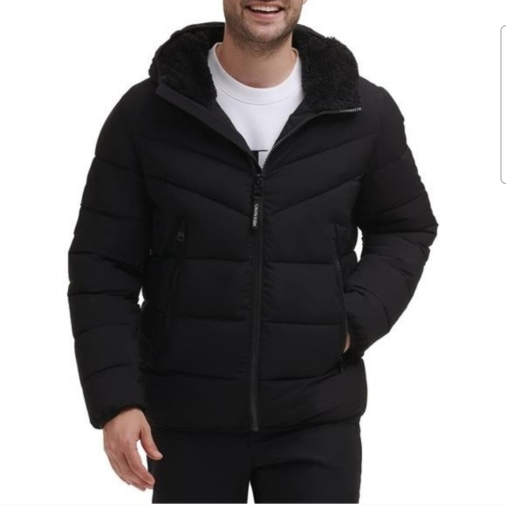 Calvin Klein Men's Winter Coat-Puffer Stretch Jacket with Sherpa Hood L